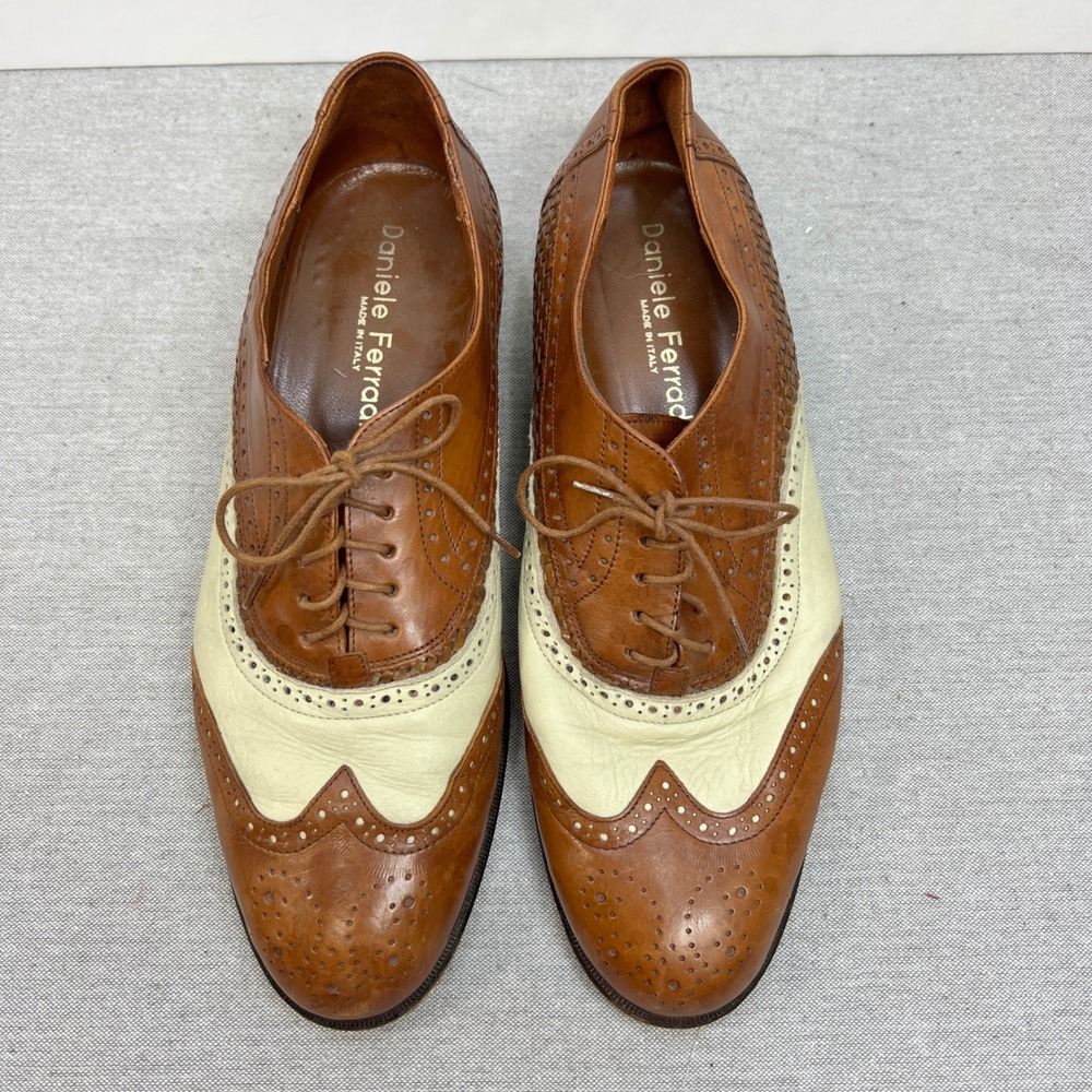 Daniele Ferradini Mens 9M Spectator Oxfords Two Tone Woven Wingtip Leather Italy - Picture 2 of 8